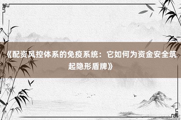 《配资风控体系的免疫系统：它如何为资金安全筑起隐形盾牌》